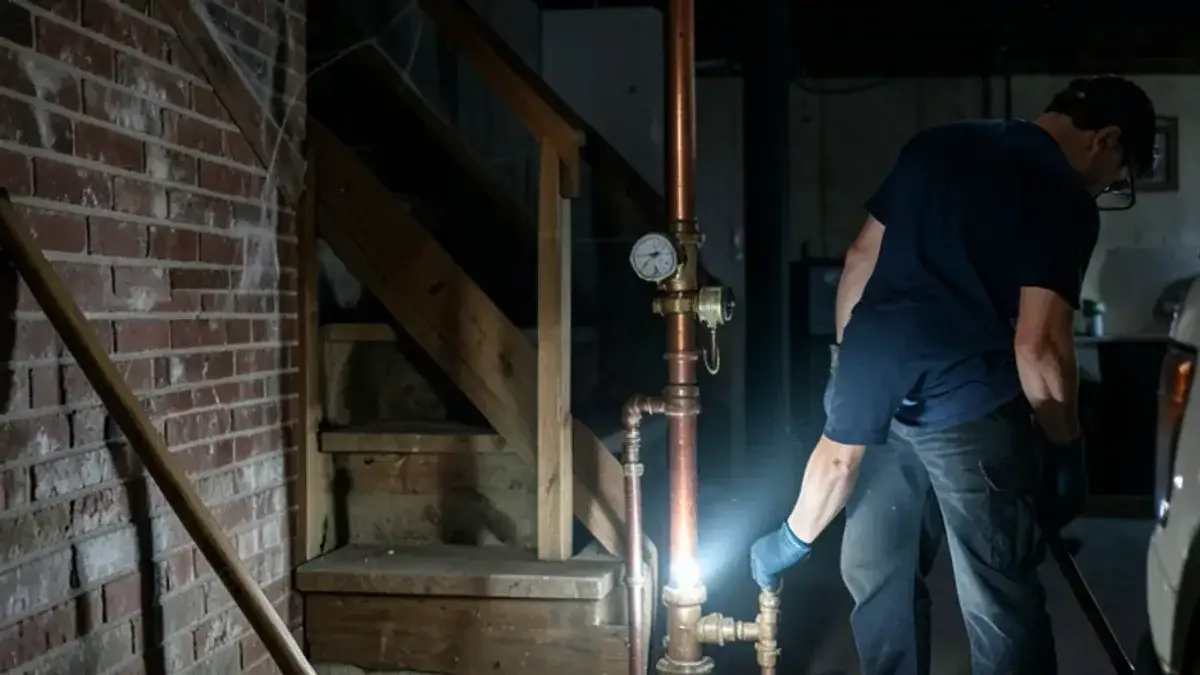 Flashlight beam on a main water shutoff valve and meter tucked behind basement stairs