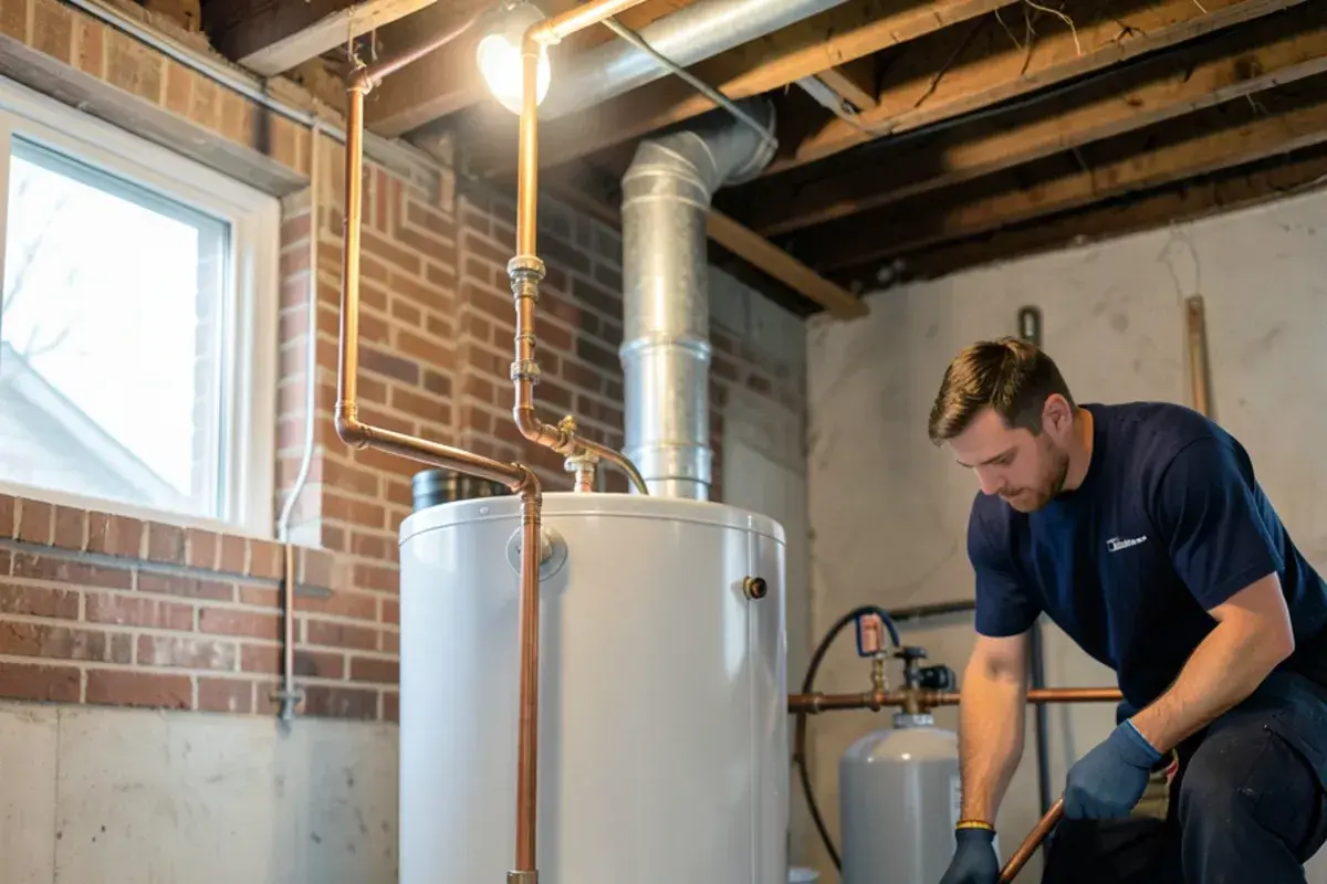 New gas tank water heater with expansion tank installed in a basement