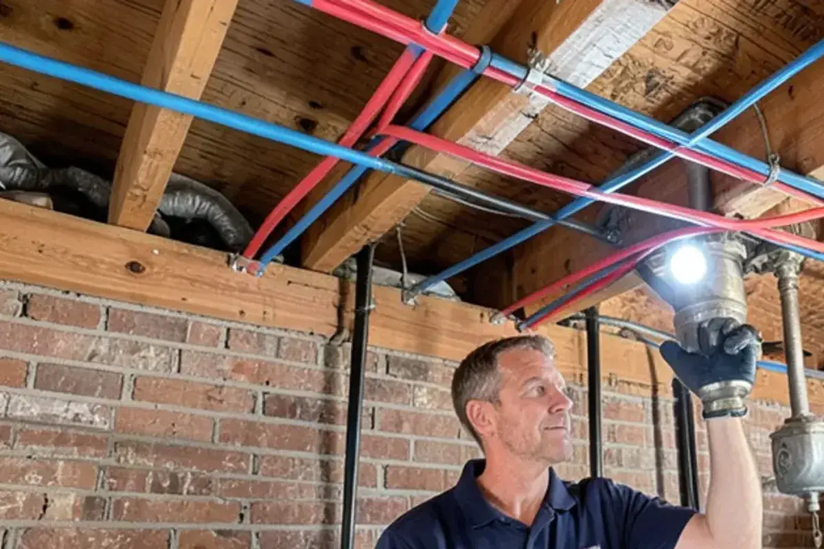 New PEX supply lines run along open basement ceiling joists during a repipe