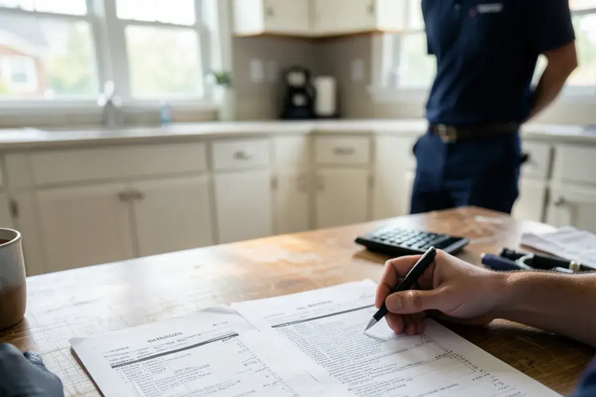 Homeowner comparing two itemized plumbing estimates at a kitchen table with a calculator and pen