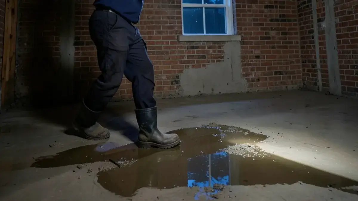 Emergency plumber shining a flashlight on a split pipe in a flooded Macomb basement