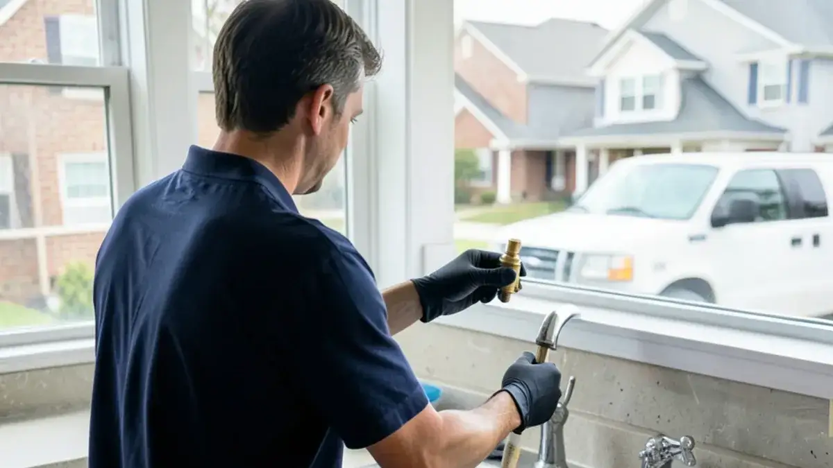 Plumber pulling the cartridge out of a single-handle kitchen faucet during a faucet repair in Macomb, MI