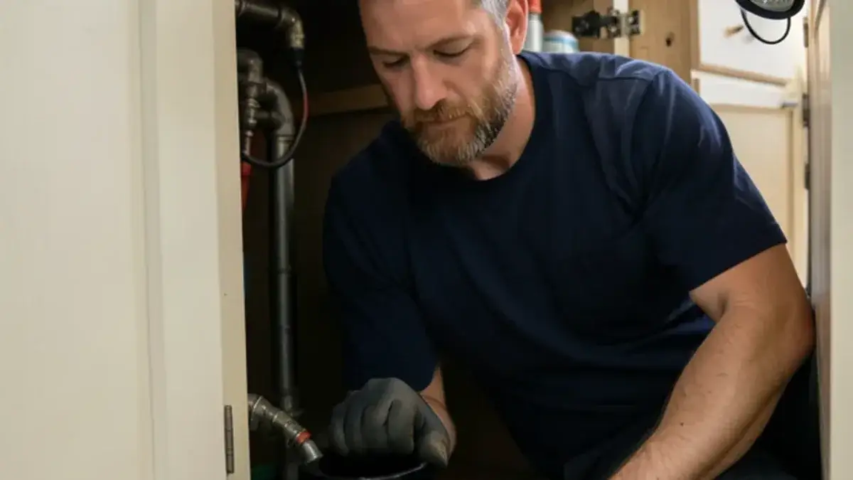 Plumber under a kitchen sink checking the mounting ring of a garbage disposal during a garbage disposal repair in Macomb, MI