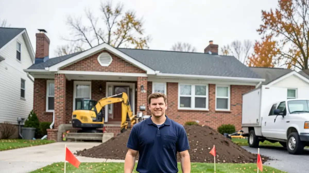 Plumber in a front-yard trench exposing a copper water service line between the curb and a Macomb County home