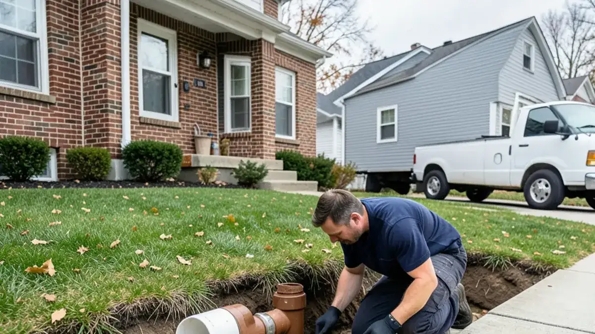 Excavated pit in a front lawn exposing an old clay sewer lateral joined to a new PVC section during sewer line repair in Macomb County