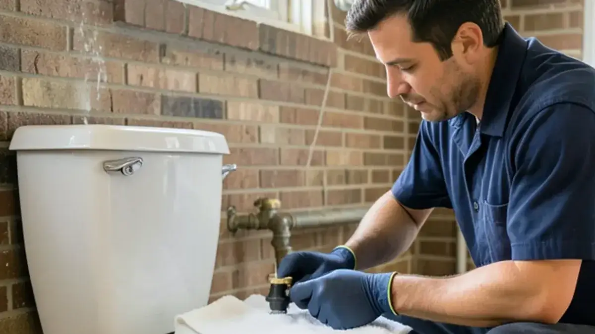 Plumber adjusting a new fill valve inside an open toilet tank during a toilet repair in a Macomb, MI bathroom